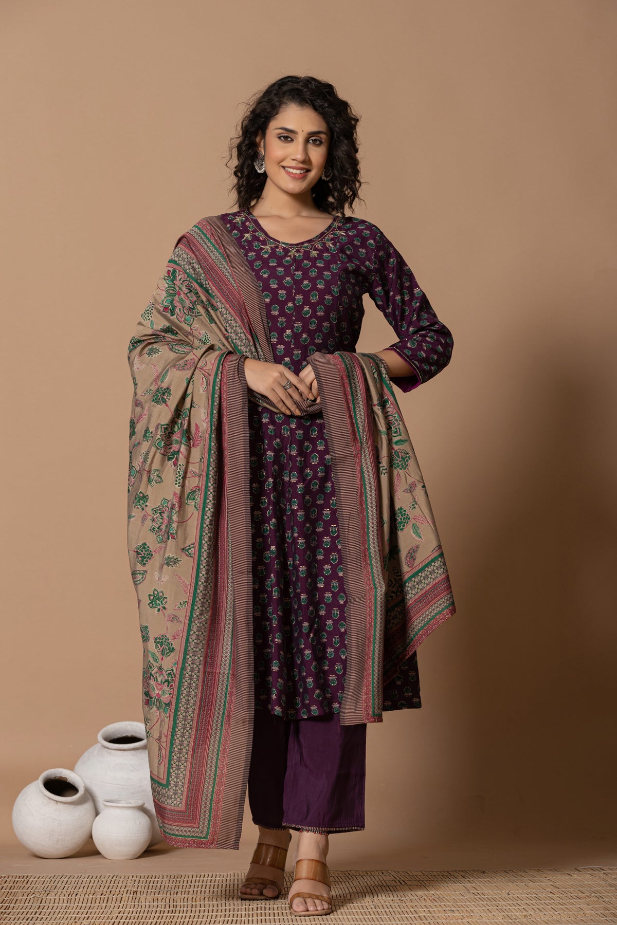 Purple floral anarkali kurta with printed dupatta