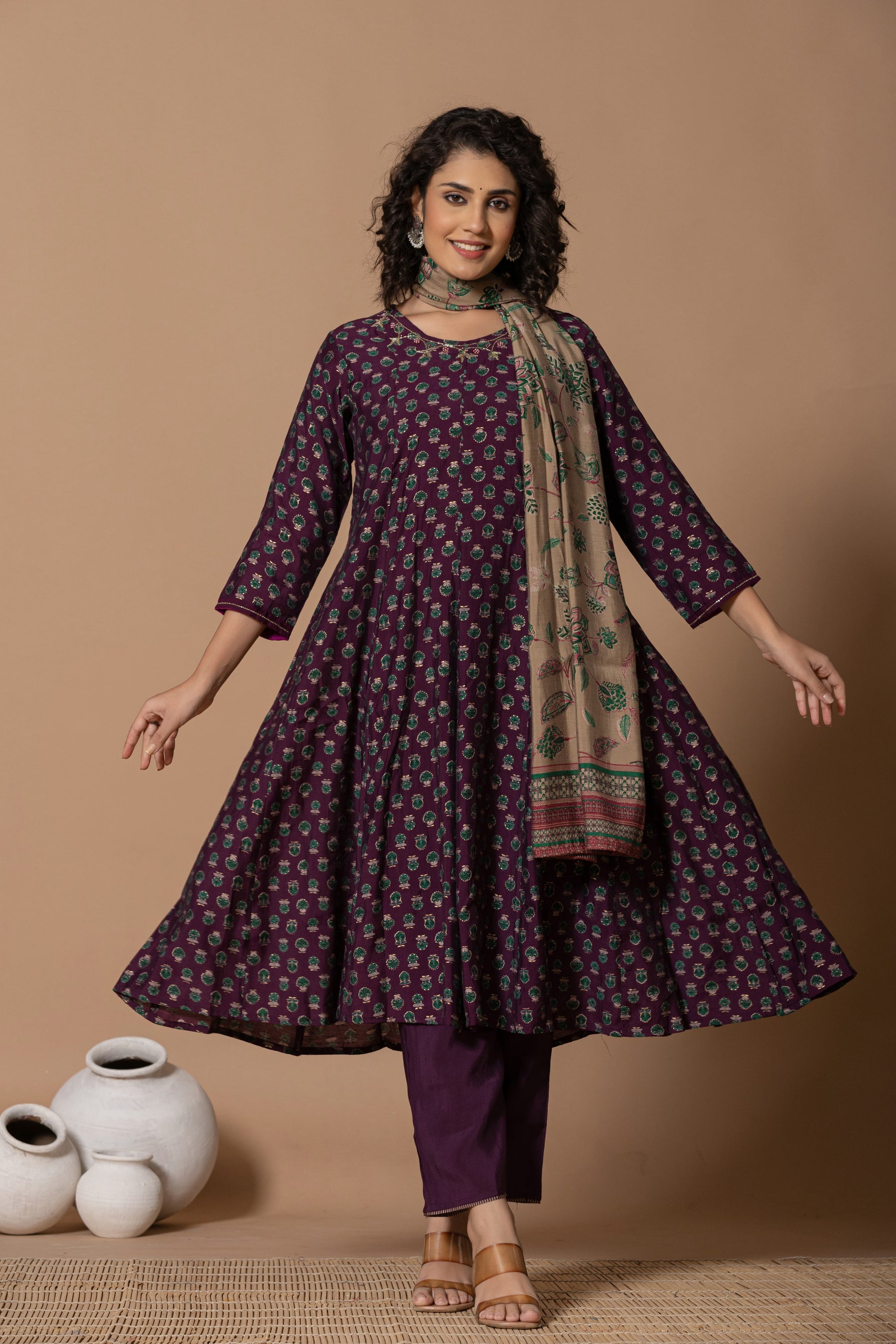 Purple floral anarkali kurta with printed dupatta