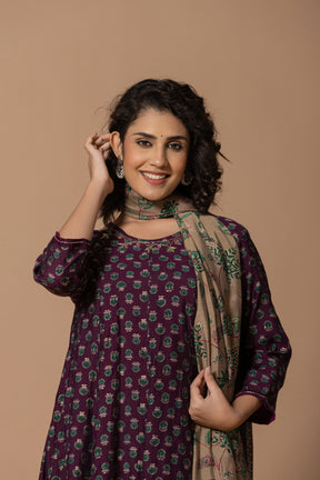 Purple floral anarkali kurta with printed dupatta