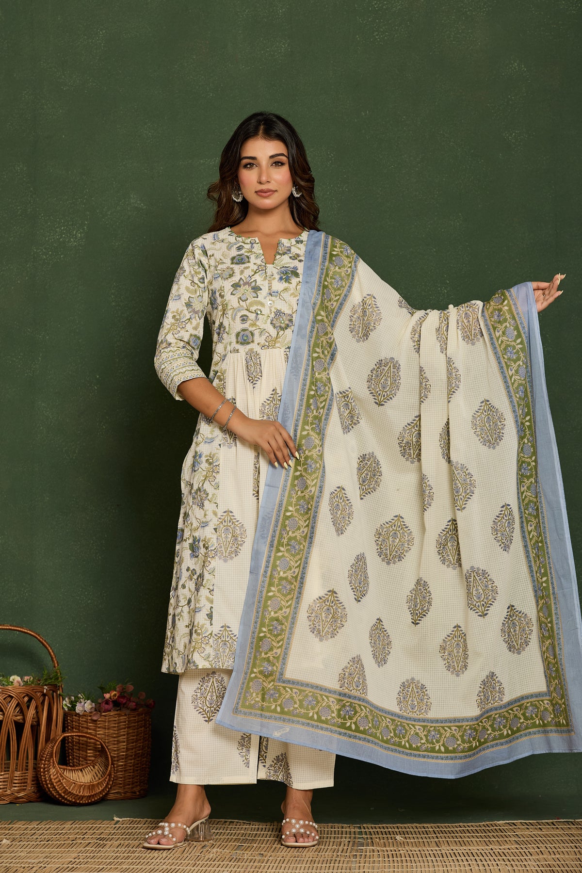 Cotton Blue Paneled Kurta Set With Printed Dupatta