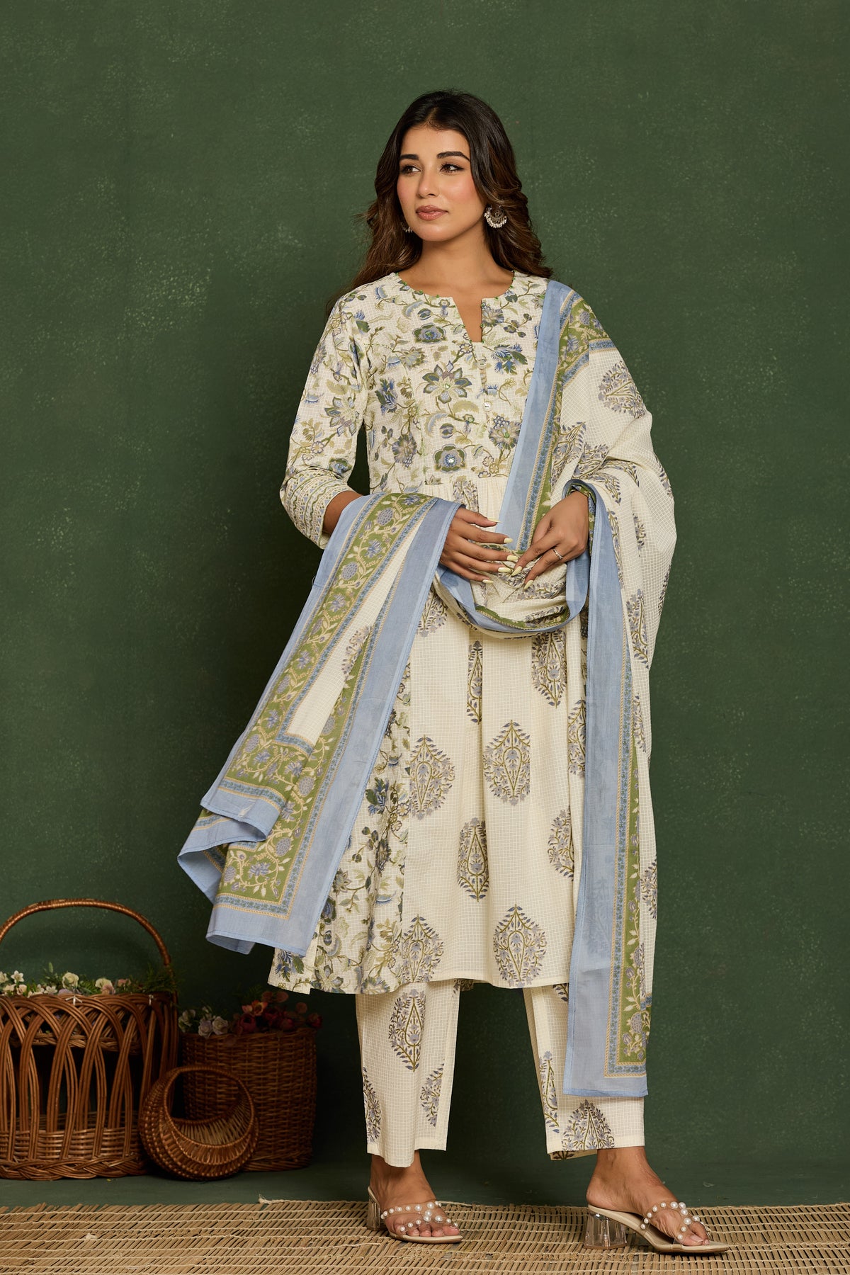 Cotton Blue Paneled Kurta Set With Printed Dupatta
