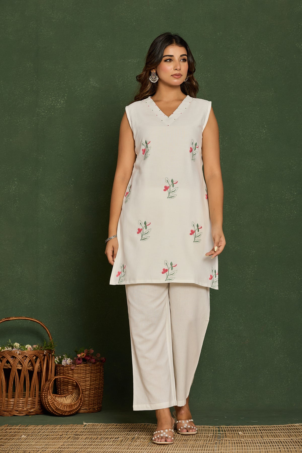 Cotton Embroidered White Co-Ord Set