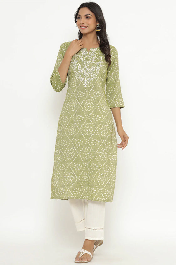 Bandhani Green Printed Embroidered Kurta Set