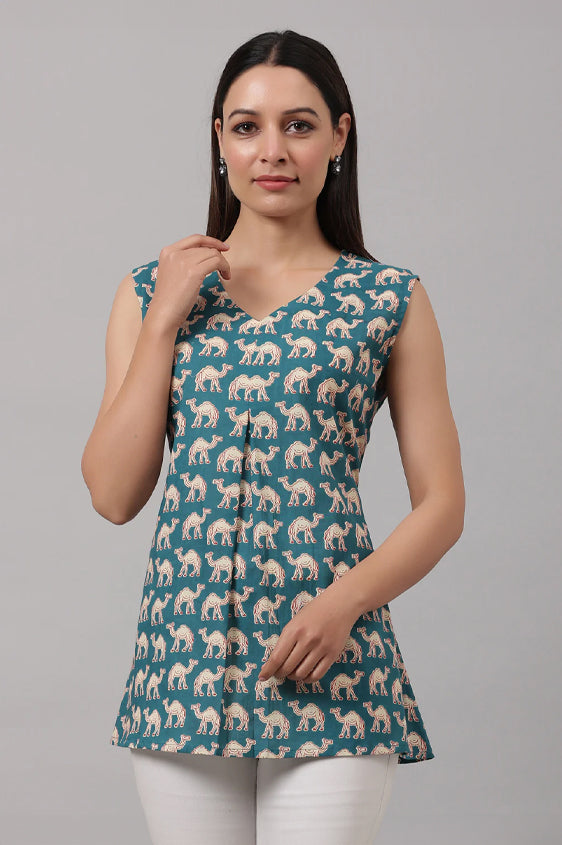 Blue Camel Printed Cotton Top