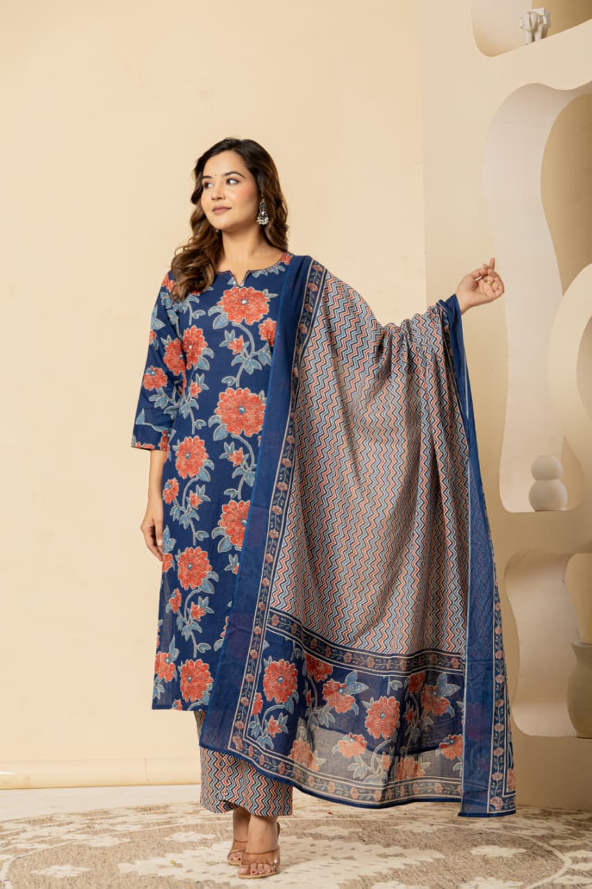 Floral Printed Cotton Blue Kurta Set with Dupatta