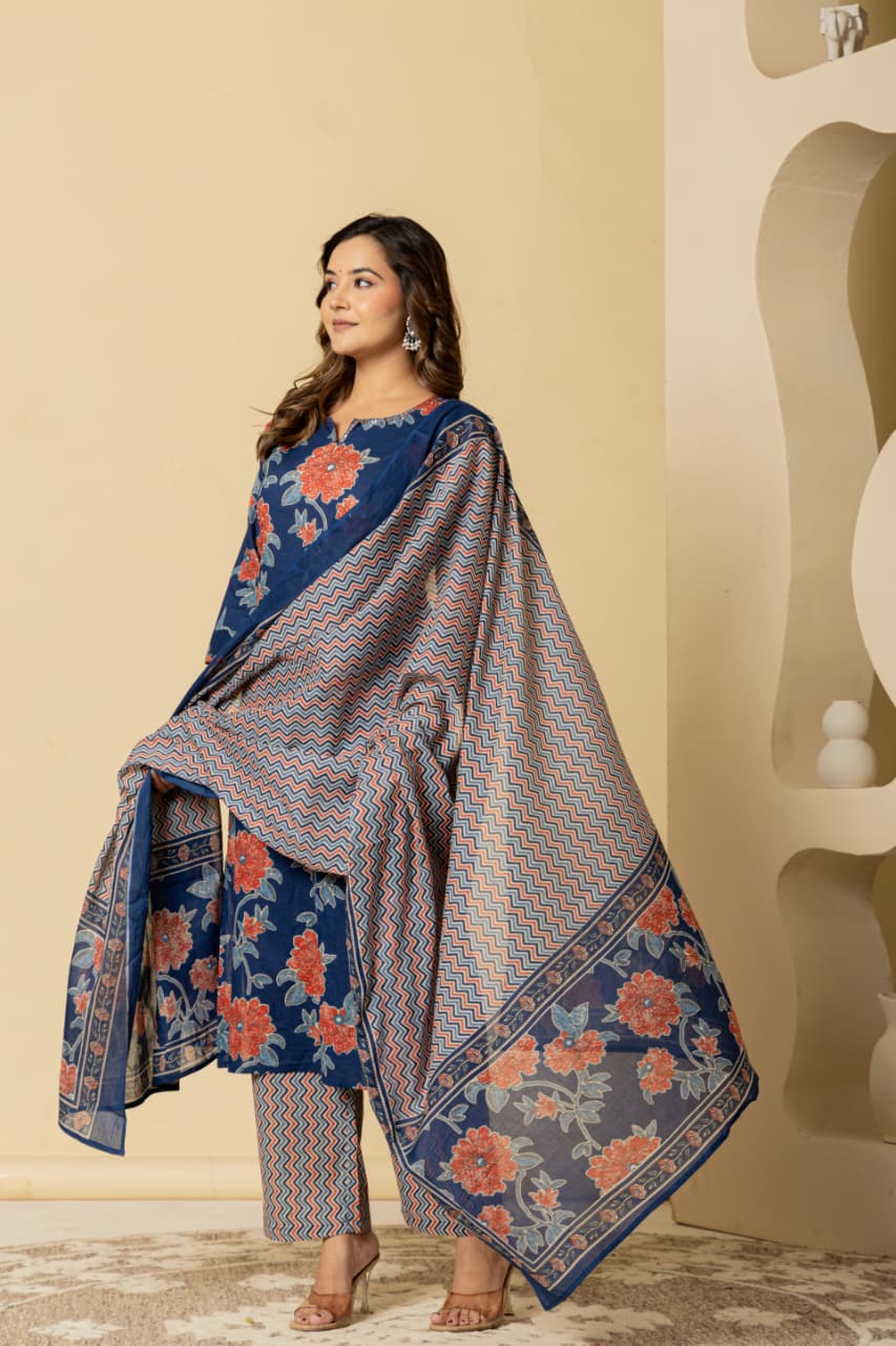 Floral Printed Cotton Blue Kurta Set with Dupatta