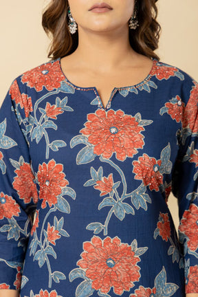 Floral Printed Cotton Blue Kurta Set with Dupatta