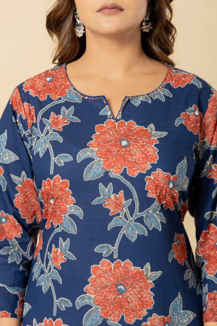 Floral Printed Cotton Blue Kurta Set with Dupatta