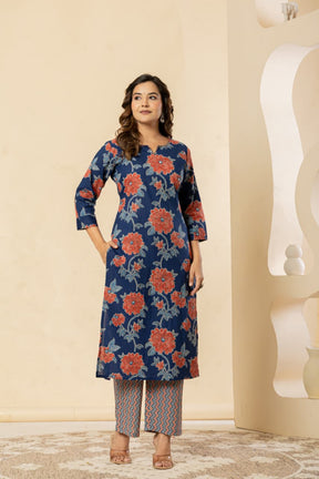 Floral Printed Cotton Blue Kurta Set with Dupatta