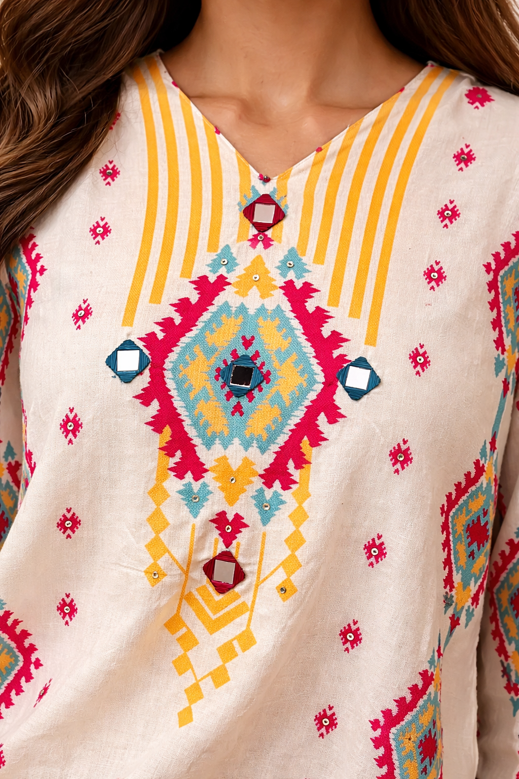 White Blue Cotton Geomteric Print Three Piece Kurta Set