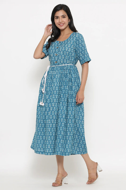 Cotton Block Printed Blue Dress