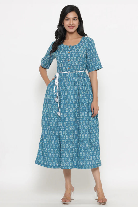 Cotton Block Printed Blue Dress