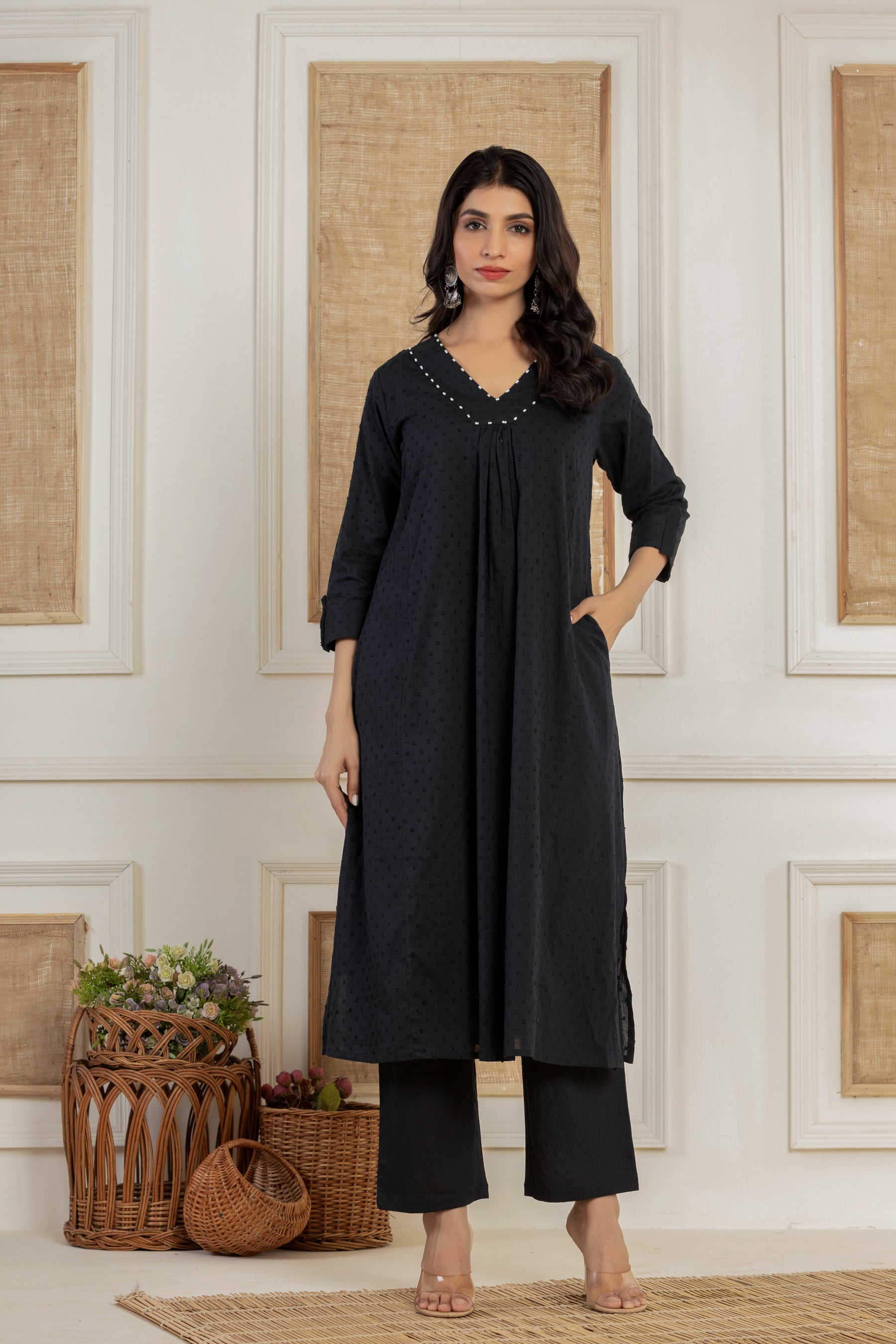 V neck self textured black kurta set