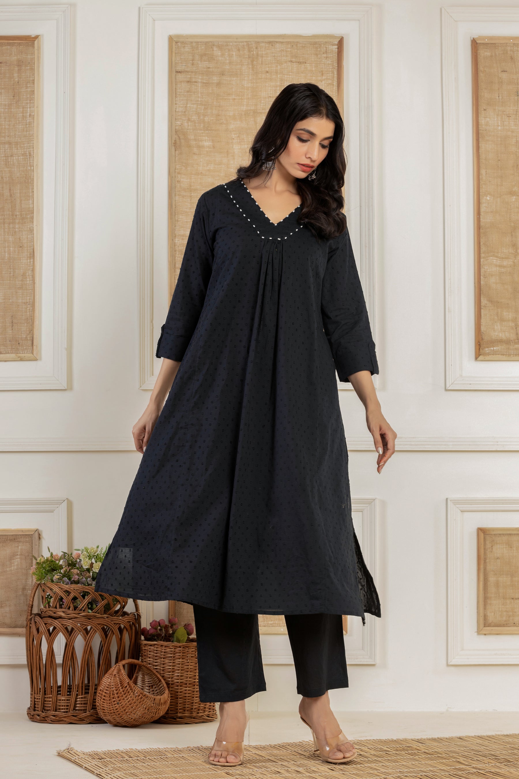 V neck self textured black kurta set