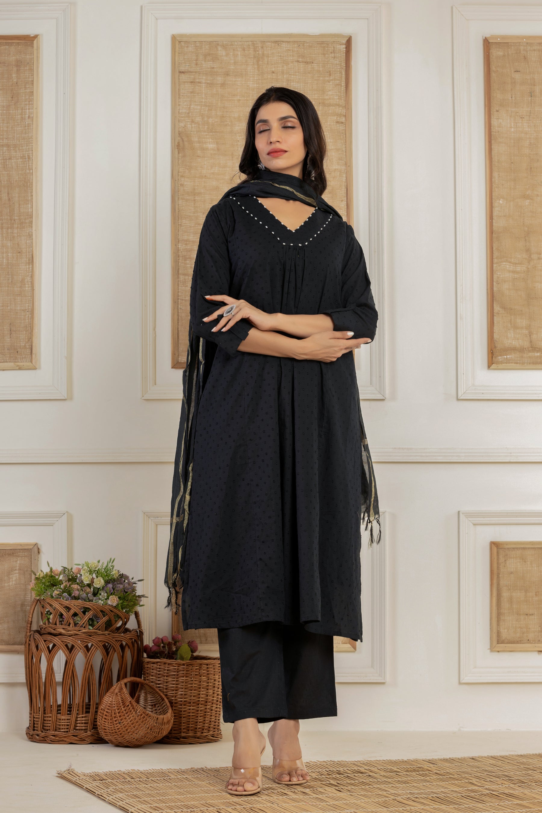 V neck self textured black kurta set