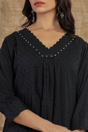 V neck self textured black kurta set