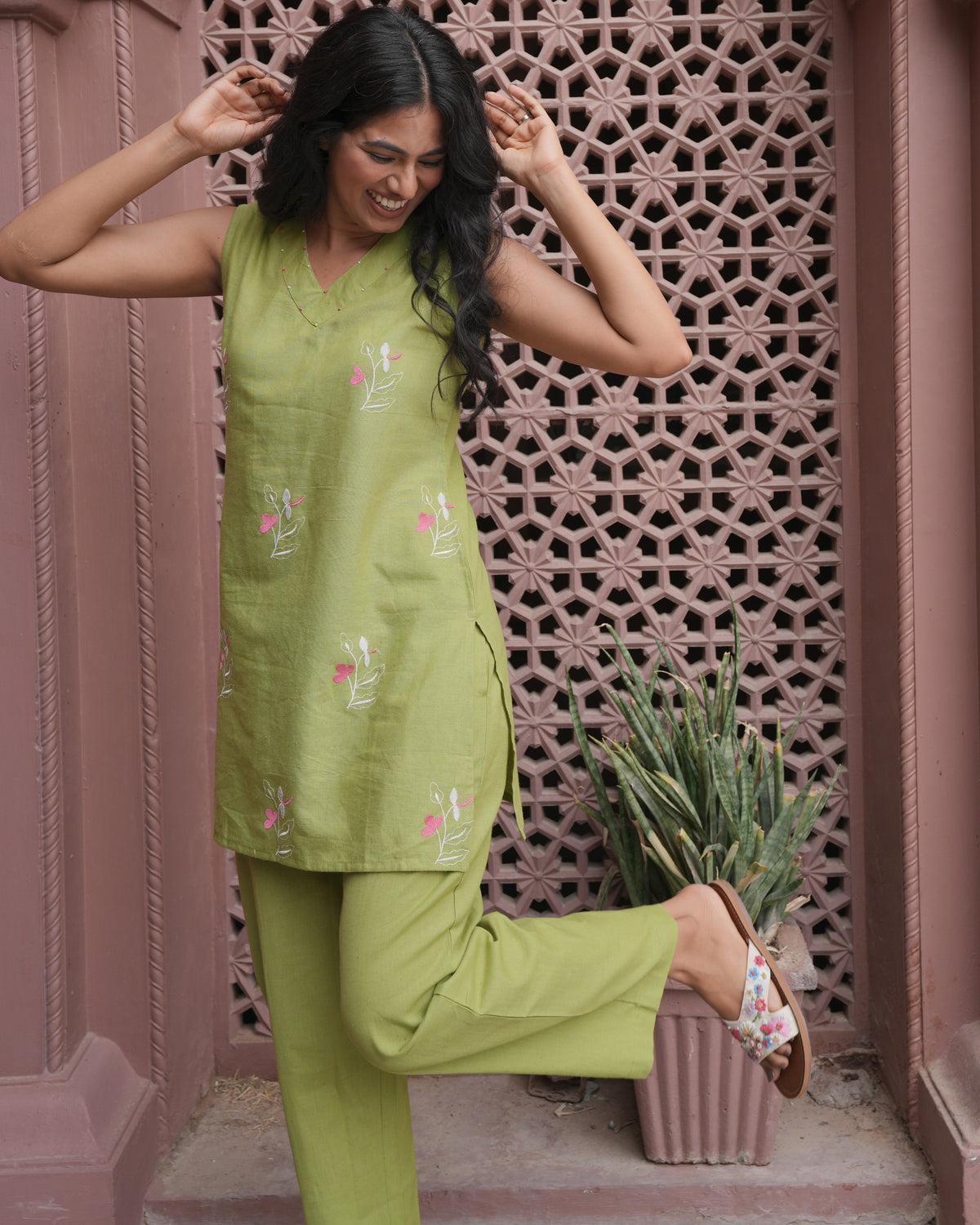 Cotton Embroidered Green Co-Ord Set