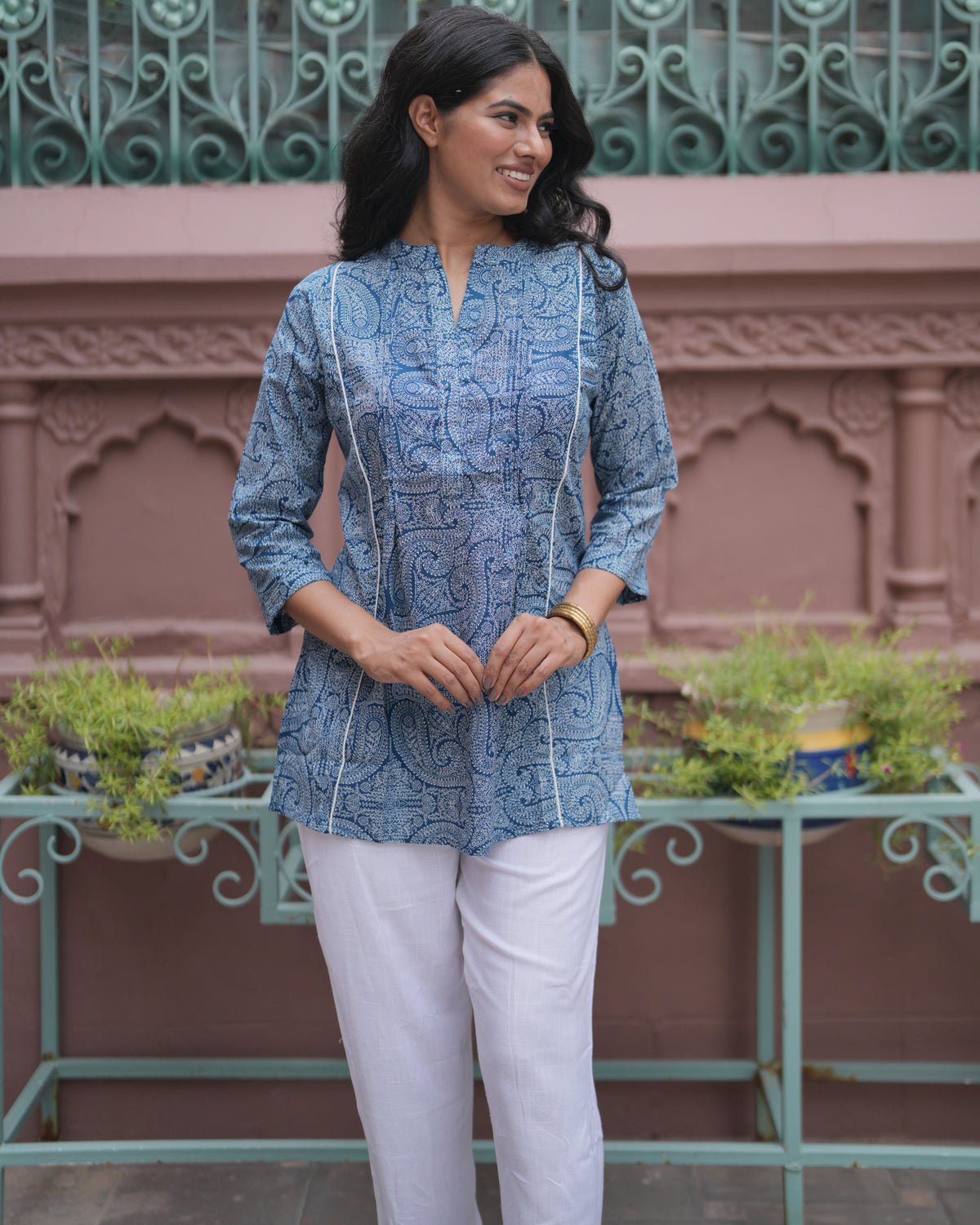 A Line Paisely Print Blue Top