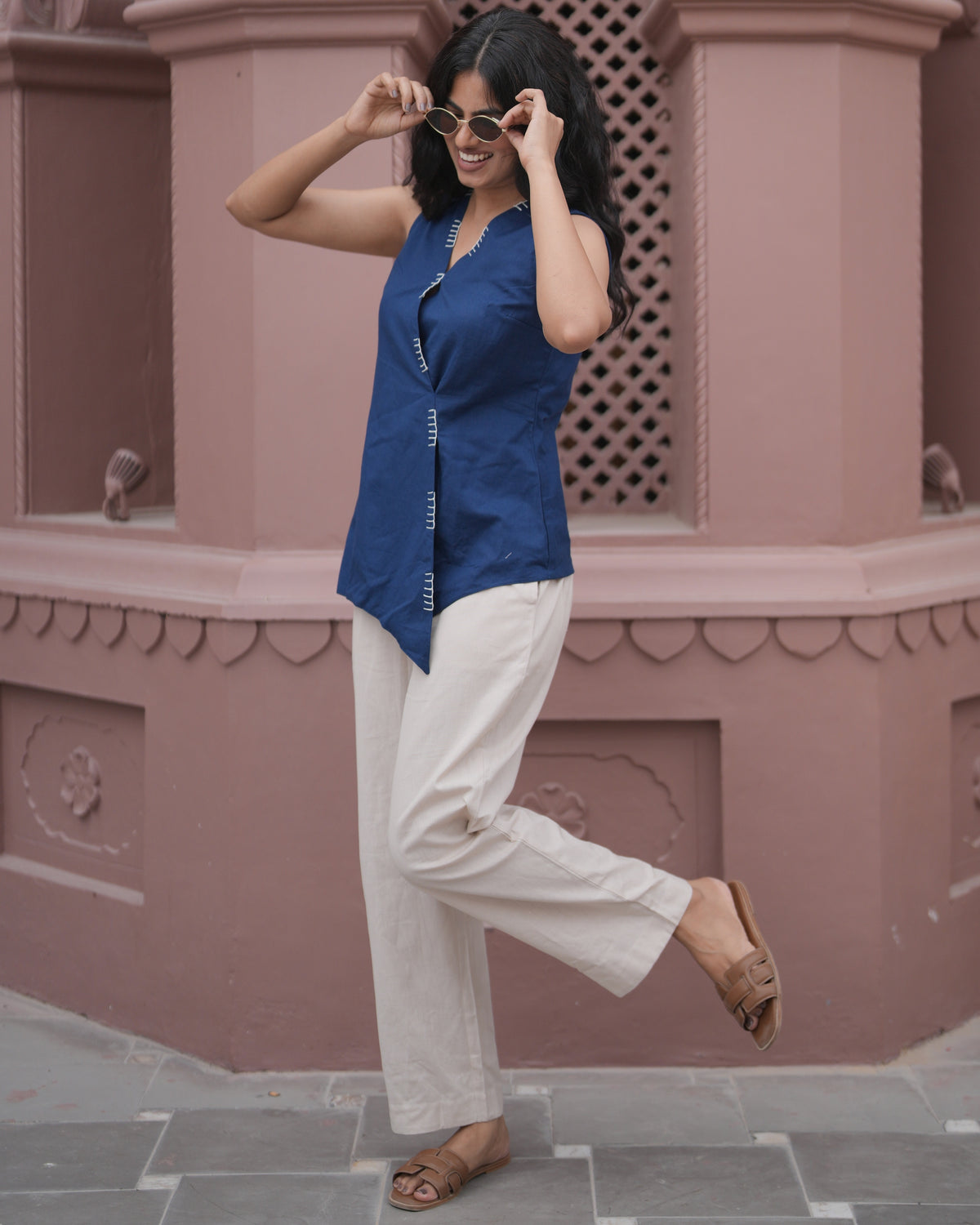 Blue Sleeveless Asymmetric Cotton Top With Pants