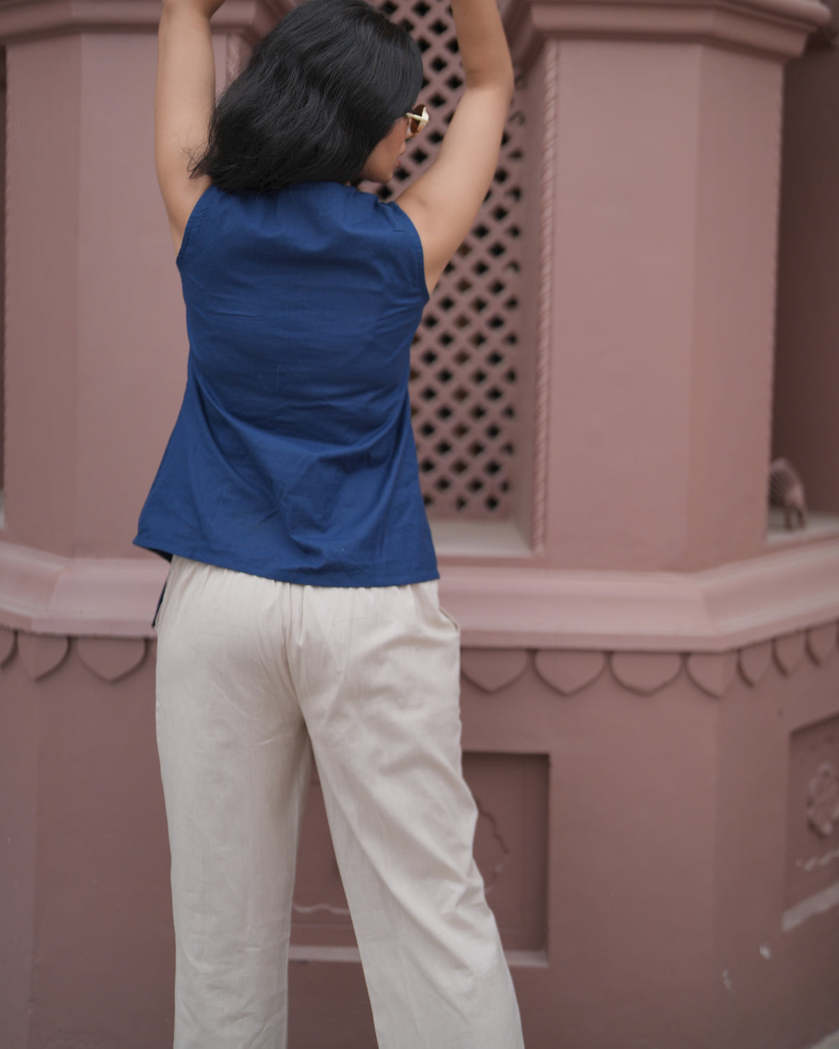 Blue Sleeveless Asymmetric Cotton Top With Pants