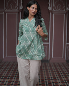 Green Cotton Geometric Print Top