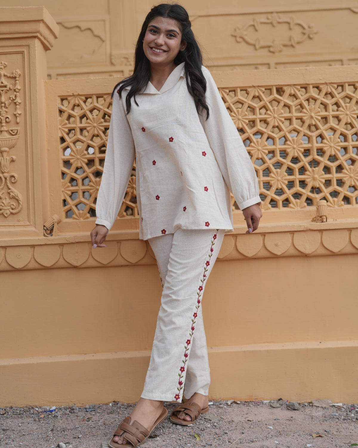 White cotton flex co-ord set with red floral embroidery