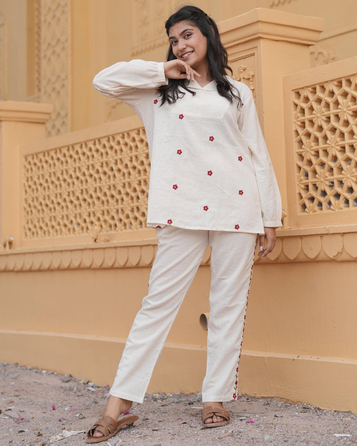 White cotton flex co-ord set with red floral embroidery