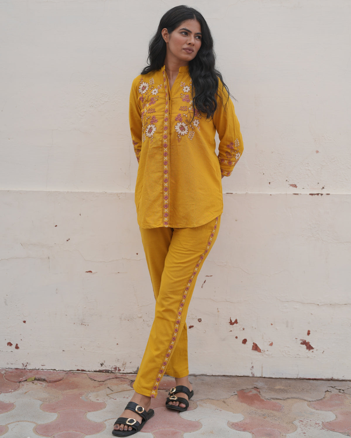 Mustard cotton flex thread embroidered co-ord set