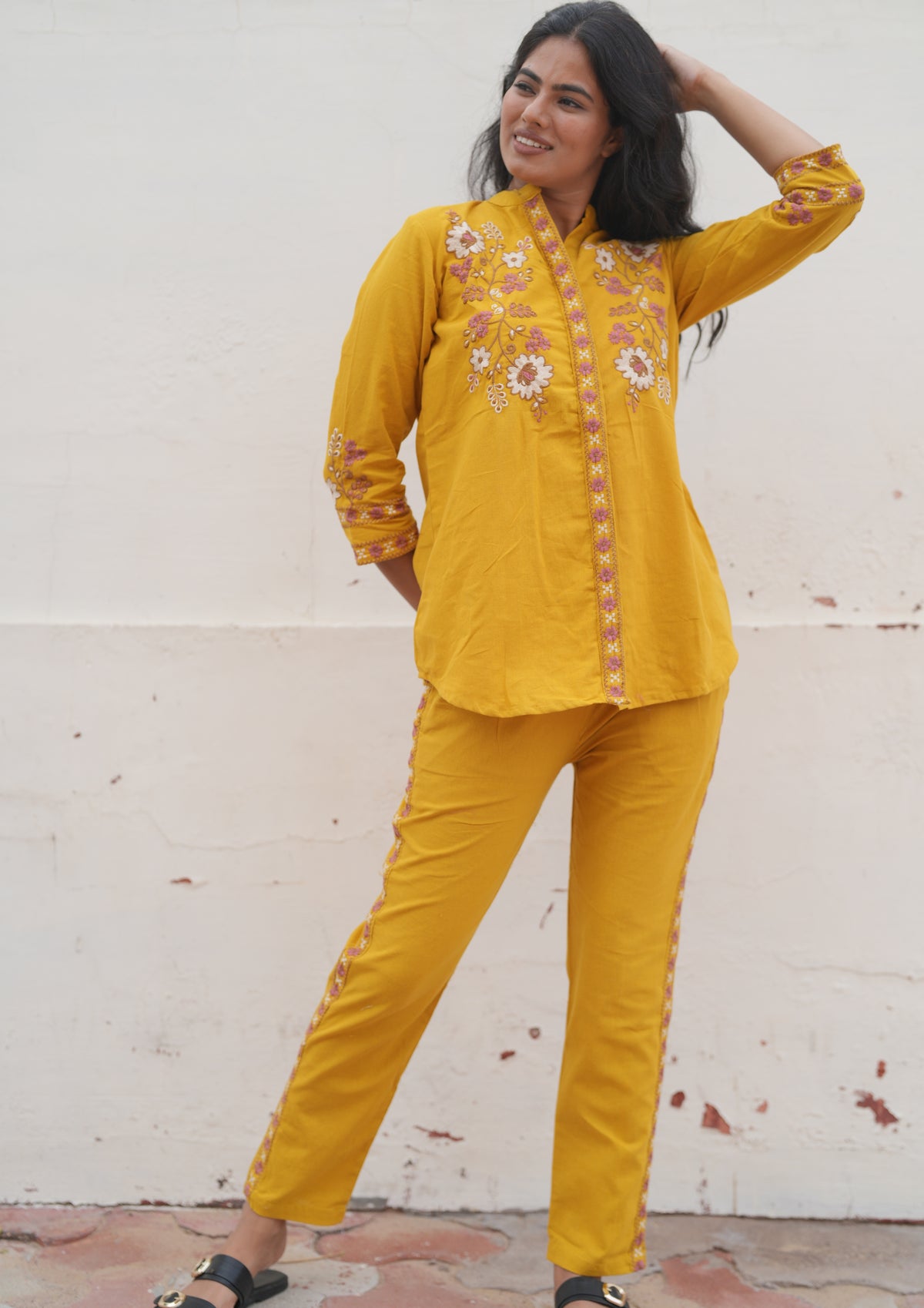 Mustard cotton flex thread embroidered co-ord set