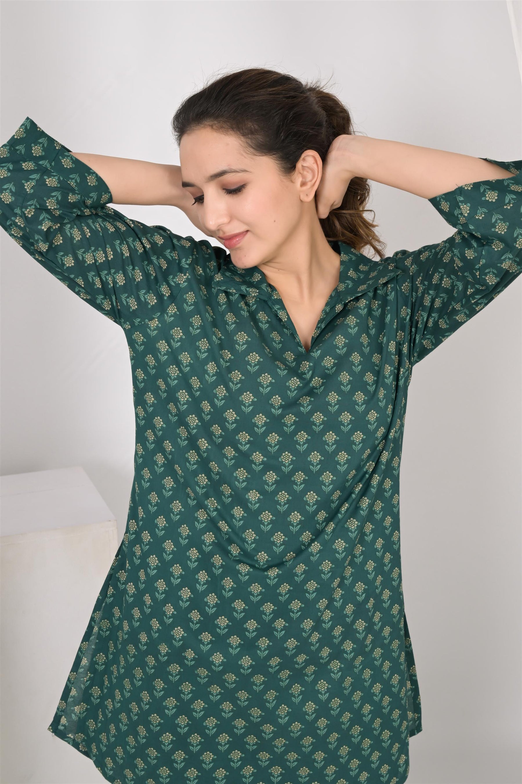 Green Printed Cotton Night Suit