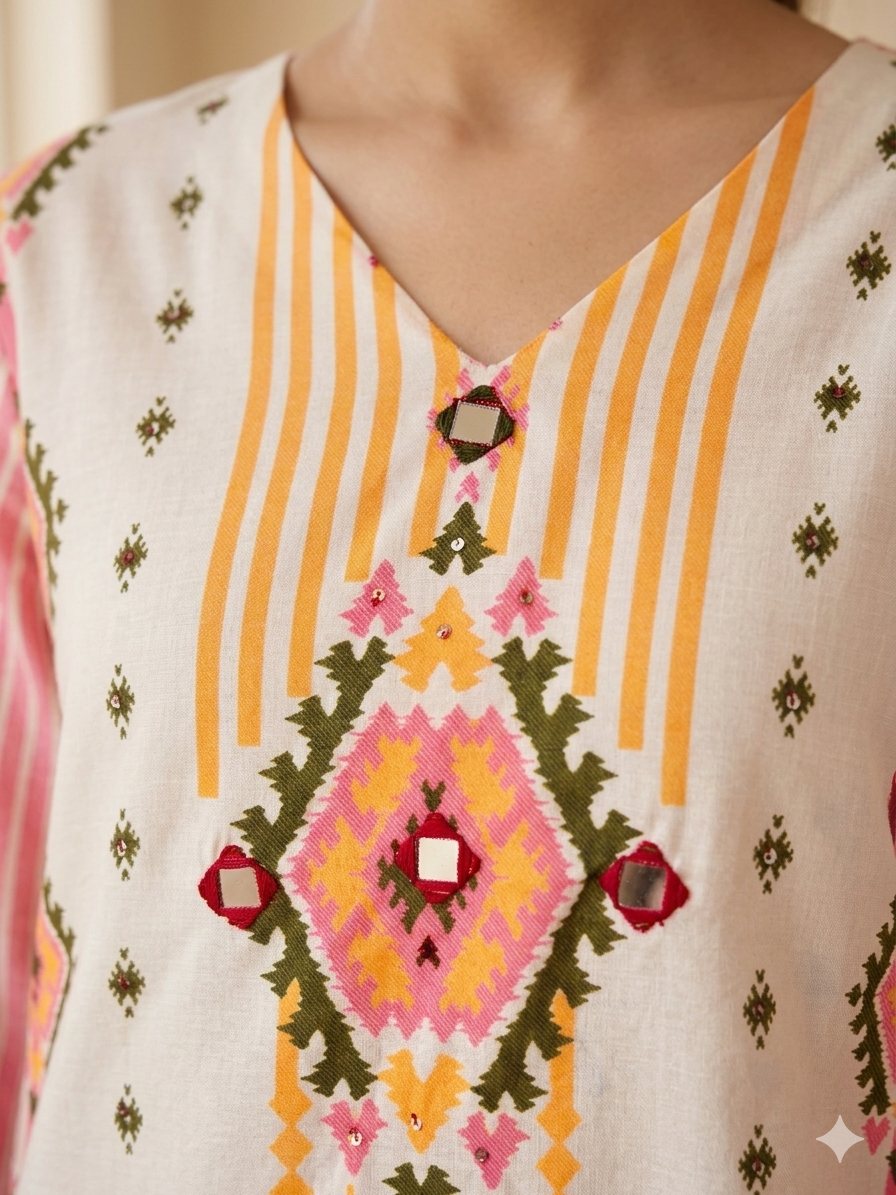 White Pink Cotton Geomteric Print Three Piece Kurta Set