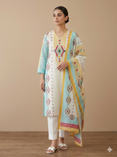 White Blue Cotton Geomteric Print Three Piece Kurta Set