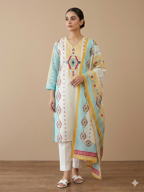 White Blue Cotton Geomteric Print Three Piece Kurta Set