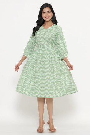 Green Ikkat Printed Fit and Flare Dress