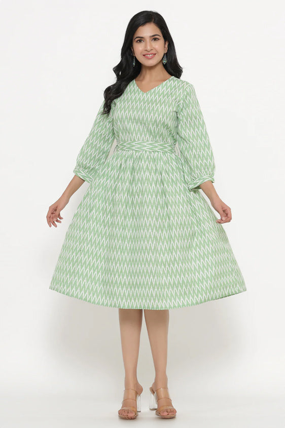 Green Ikkat Printed Fit and Flare Dress