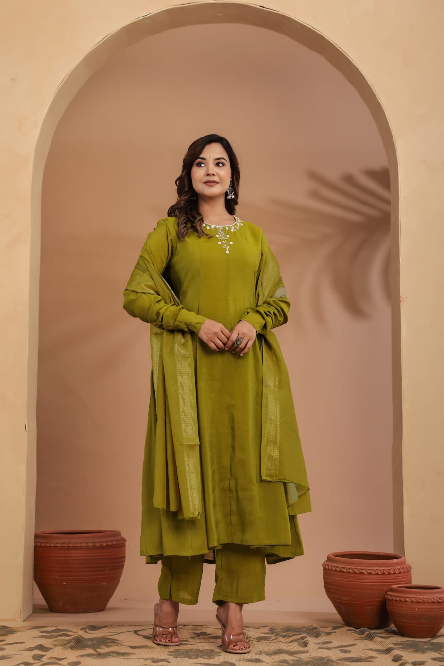 Green Mul chanderi Flare Kurta with Printed Dupatta
