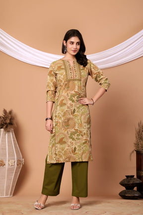 Green Floral Printed Cotton Kurta Set with Printed Dupatta