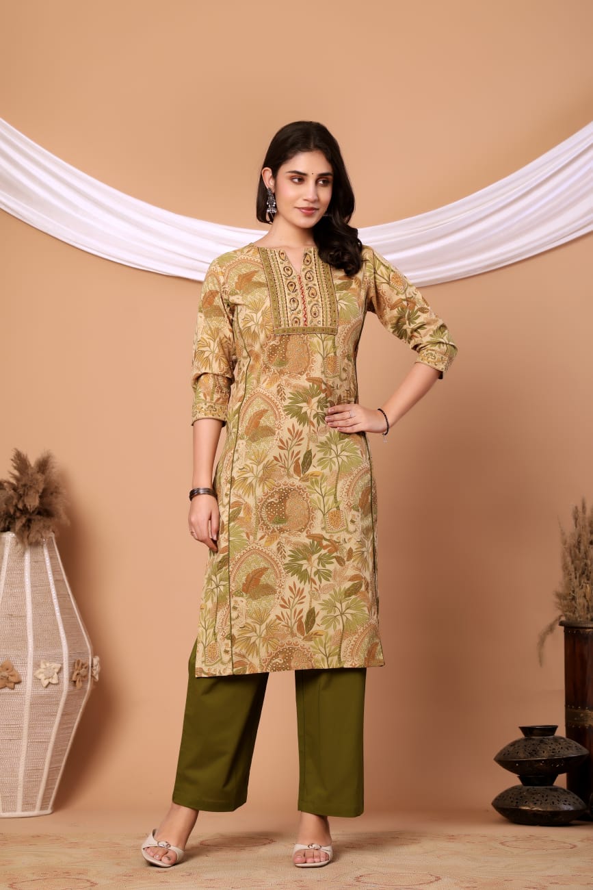 Green Floral Printed Cotton Kurta Set with Printed Dupatta