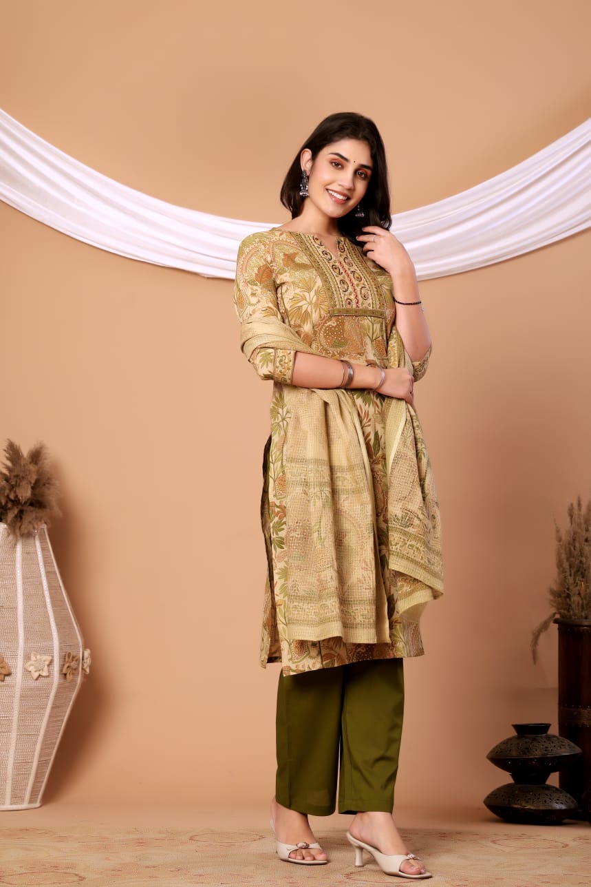 Green Floral Printed Cotton Kurta Set with Printed Dupatta