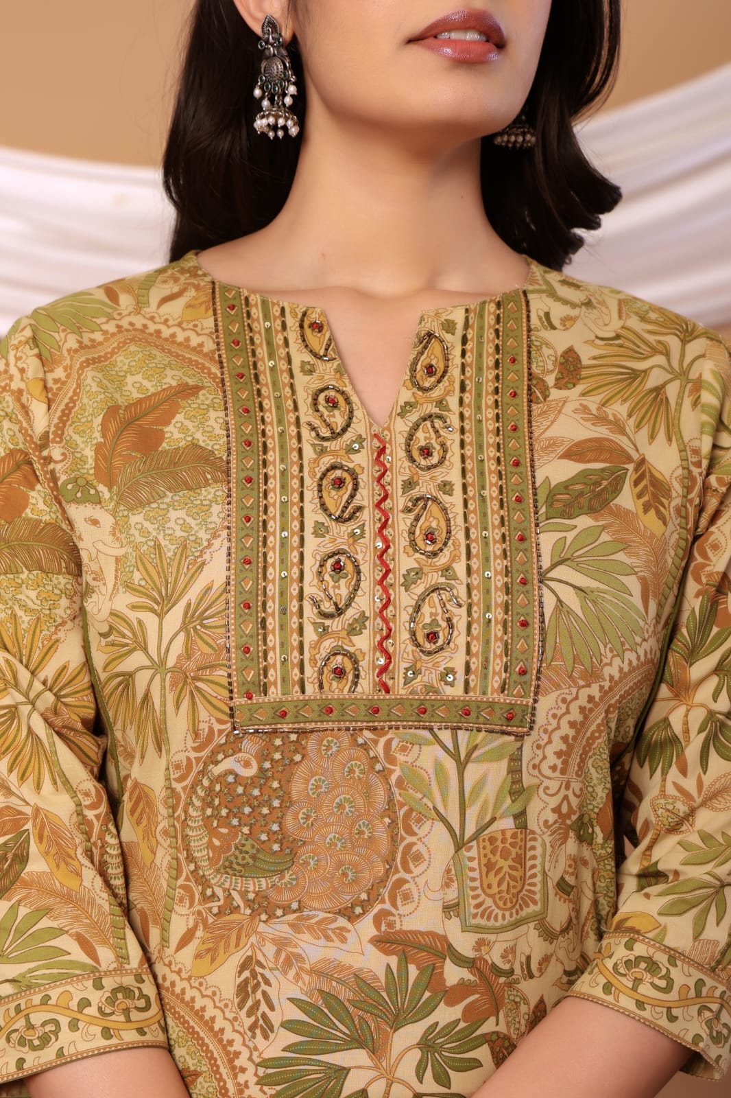 Green Floral Printed Cotton Kurta Set with Printed Dupatta
