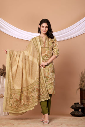 Green Floral Printed Cotton Kurta Set with Printed Dupatta