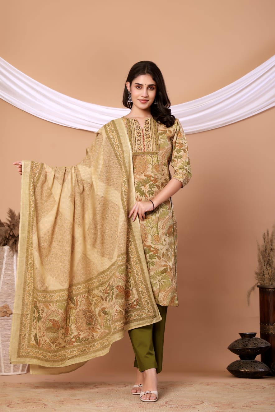 Green Floral Printed Cotton Kurta Set with Printed Dupatta
