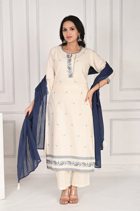 Self textured white cotton kurta set with blue dupatta