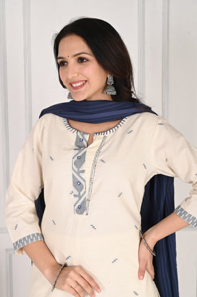 Self textured white cotton kurta set with blue dupatta