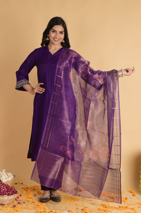 Purple kurta set with tissue dupatta