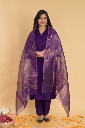 Purple kurta set with tissue dupatta