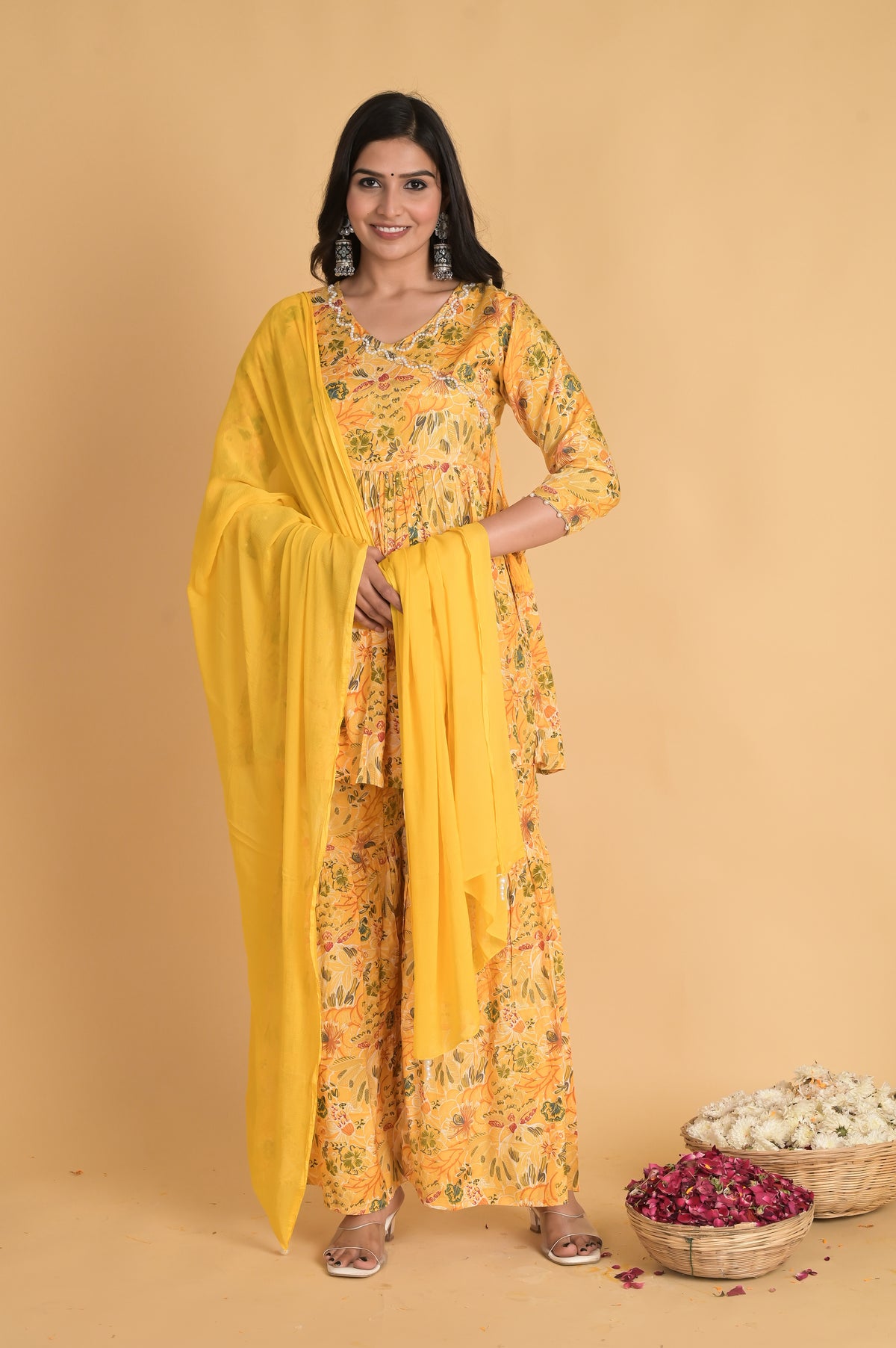 Pearl Embellished Yellow Sharara Set