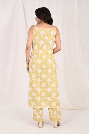 Sleeveless Floral Yellow Kurta Set