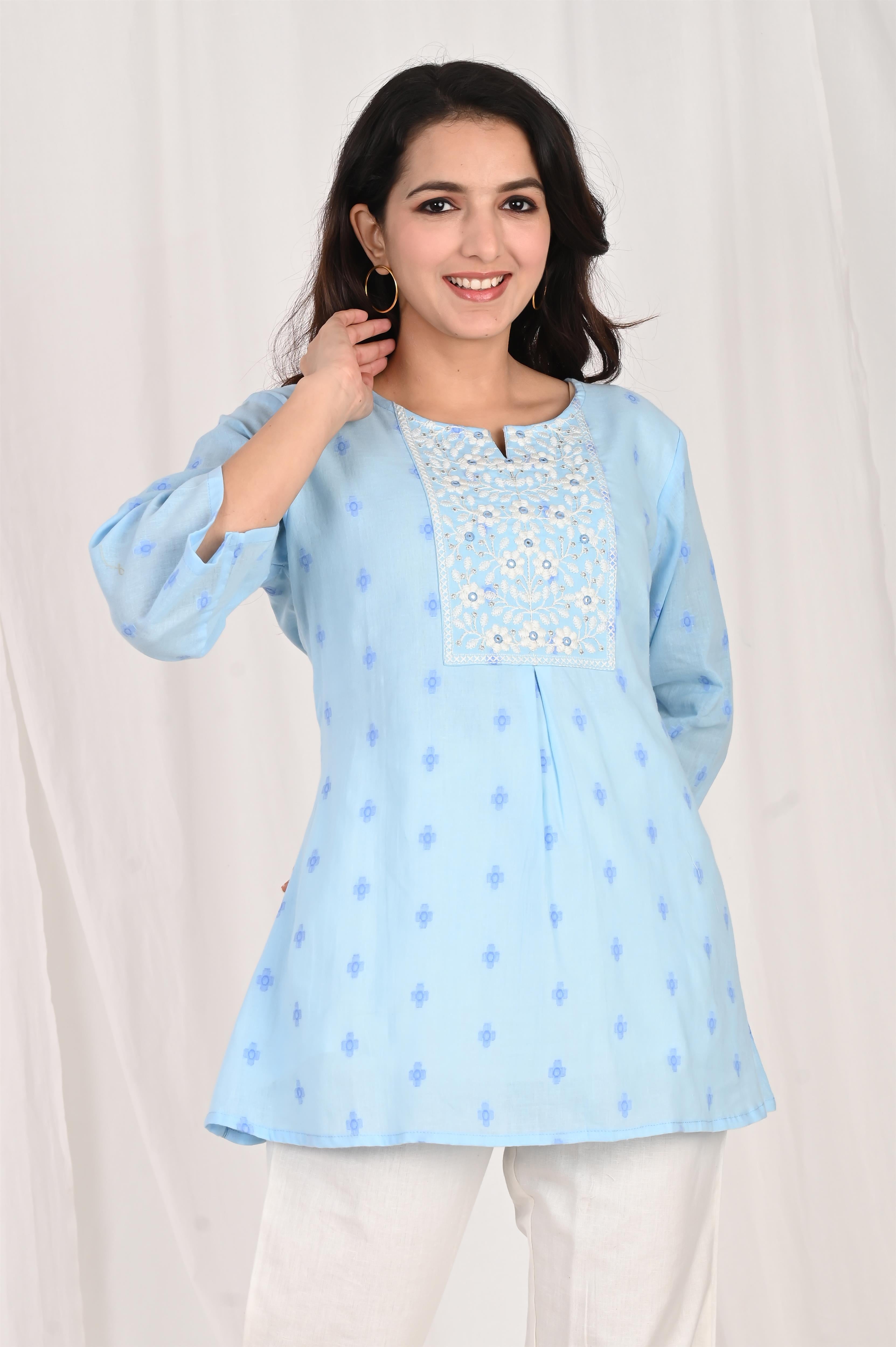 Embroidered Blue A-Line Top
