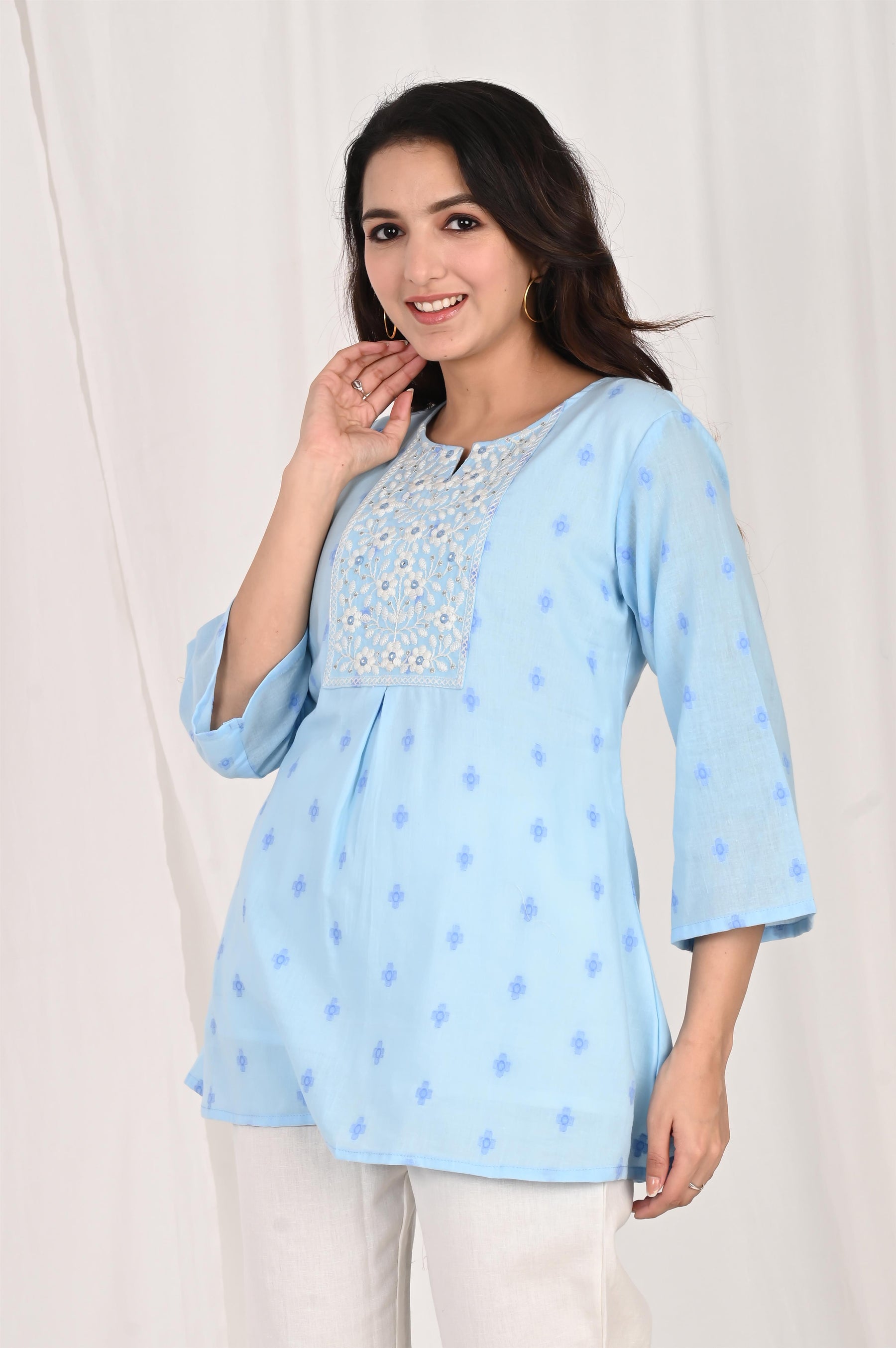 Embroidered Blue A-Line Top